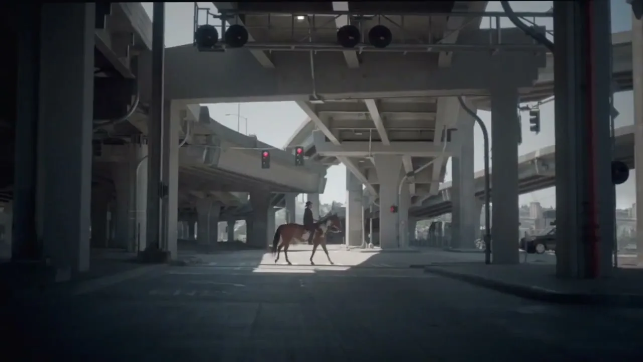 A lone cowboy on horseback rides through a desolate urban underpass, surrounded by towering concrete highway overpasses and red traffic lights.