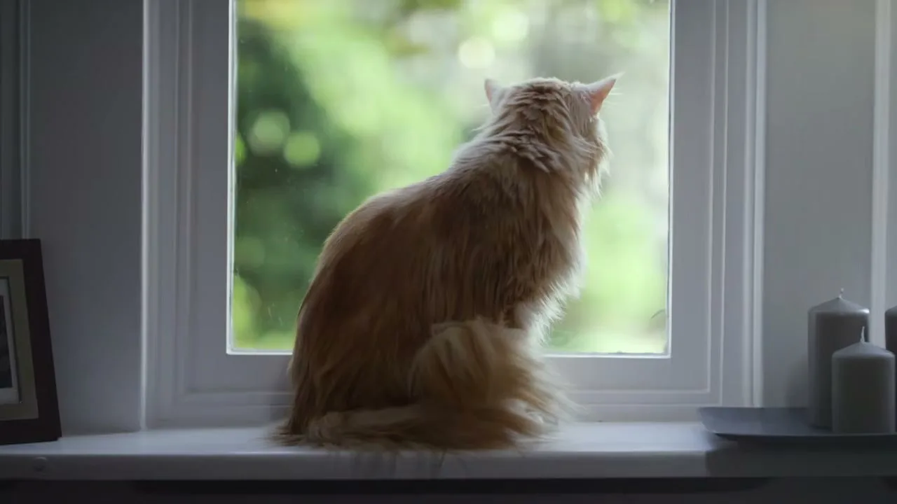 A fluffy ginger cat sits on a windowsill, looking out the window at a blurry green garden.