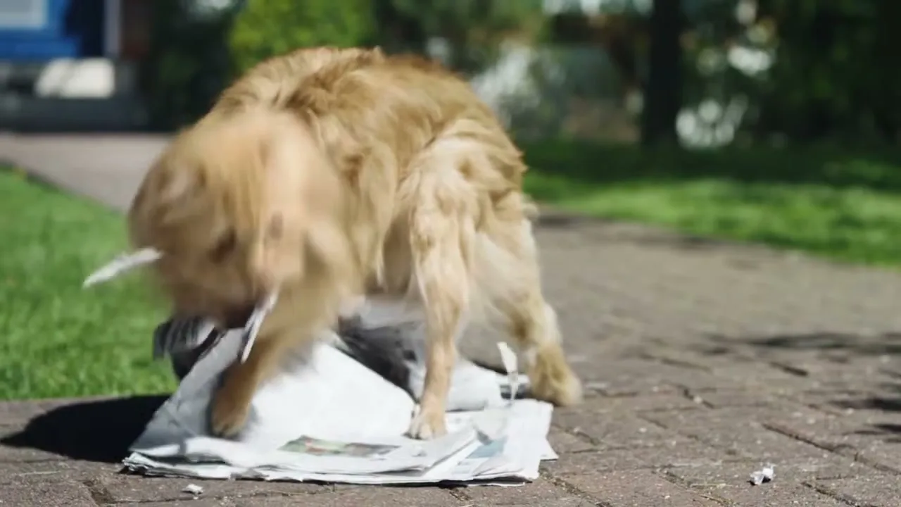 A fluffy ginger cat, acting like a dog, enthusiastically shreds a newspaper on a sunny suburban sidewalk.
