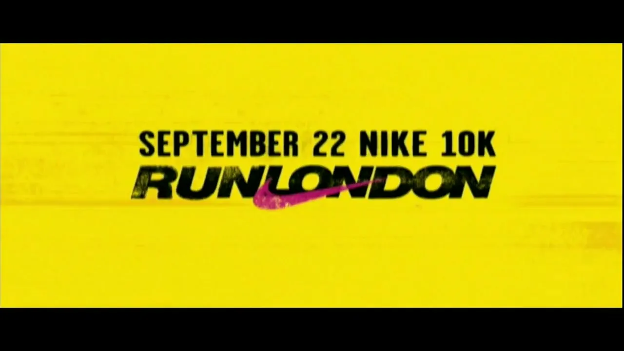 Black text on a yellow background announces the "September 22 Nike 10K Run London" event, with a pink Nike swoosh integrated into the text.