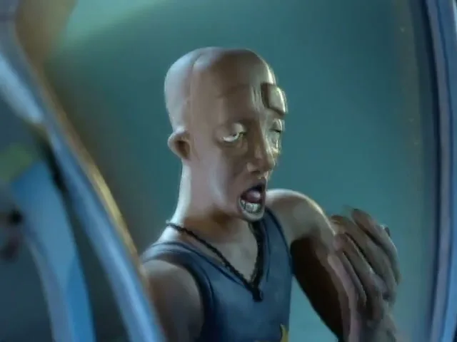 A bald, animated male character in a tank top looks at his reflection in a mirror, pulling his face to change his appearance.