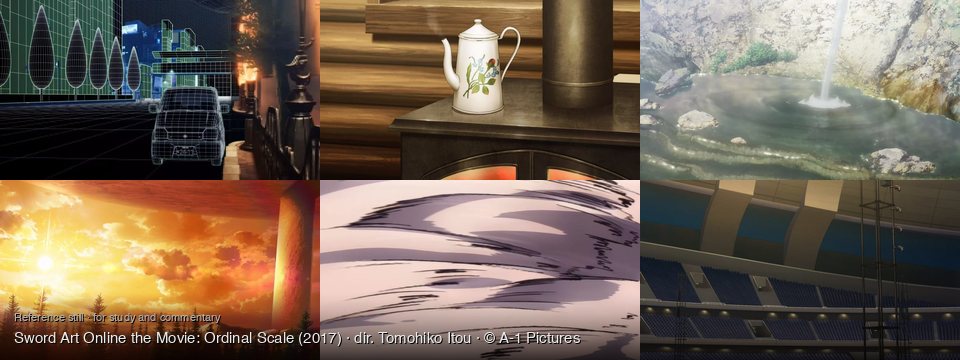 Sword Art Online the Movie: Ordinal Scale background art — A street, half rendered, half wireframe; a rustic cabin interior; A natural pool in a rocky; Forest, mountains, and ancient structure; close-up of skin; An empty stadium interior