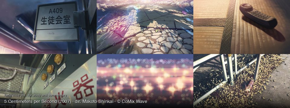 5 Centimeters per Second background art — School hallway; A sunlit stone path outdoors; On a tatami mat; Inside a vehicle; City at night, waterfront; Outdoor, by a fence
