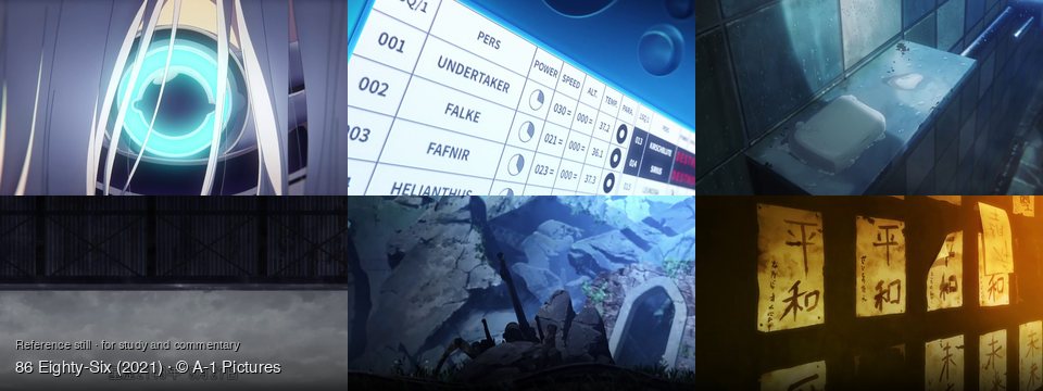 86 Eighty-Six background art — Inside a futuristic chamber; A futuristic control panel; A wet bathroom shelf; Under a dark structure; A rocky, overgrown landscape; A dimly lit room
