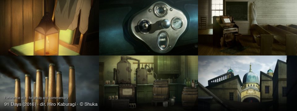 91 Days background art — indoors, dimly lit room; Inside a vintage car; Inside a rustic church; Industrial area, cloudy sky; A rustic, dimly lit room; Between buildings, cloudy day