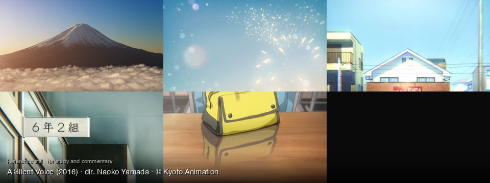 A Silent Voice background art — Mount Fuji, above the clouds; Bright blue sky; Suburban street on a clear day; Indoors, a school hallway; on a wooden table