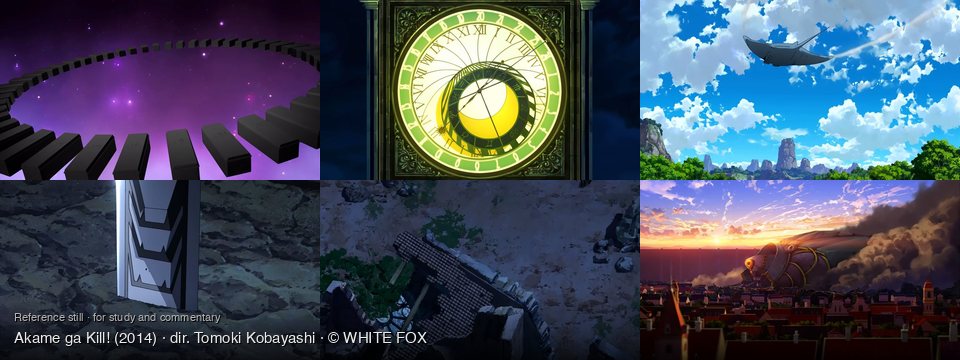 Akame ga Kill! background art — Cosmic space with stars; Ornate clock tower at night; Over a vibrant green valley; dark, rocky terrain; A ruined building at night; A town at sunset