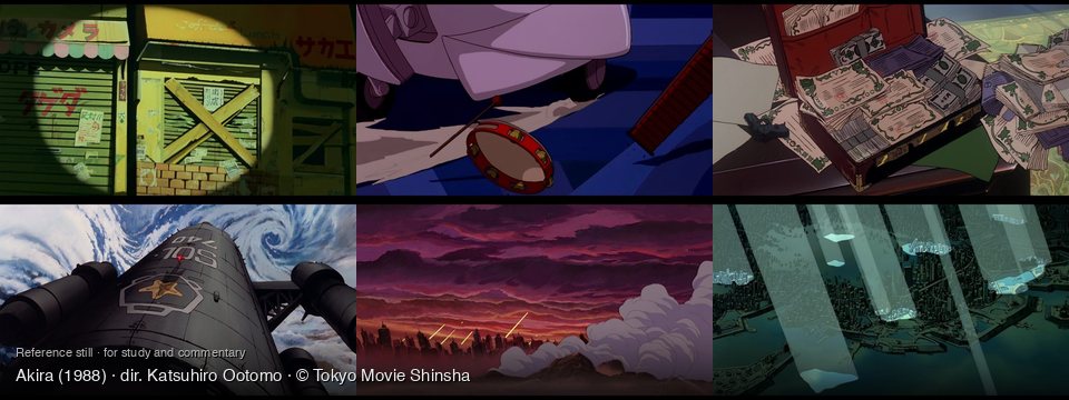 Akira background art — a dark city street; On a blue surface; on a table; In orbit above a planet; A city under a dramatic sky; futuristic city, aerial view