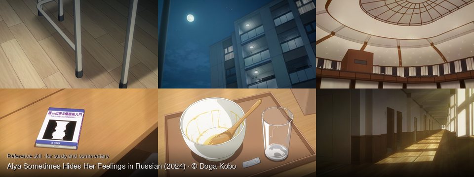 Alya Sometimes Hides Her Feelings in Russian background art — On a light wooden floor; night, urban apartment building; Inside a large auditorium; On a wooden table; on a wooden table; Empty school hallway