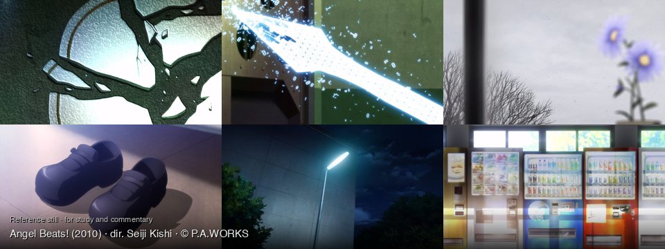 Angel Beats! background art — A shattered glass surface; Inside a metallic, dark structure; indoors, looking out a window; Indoors on a tiled floor; Urban street at night; Indoors, by large windows