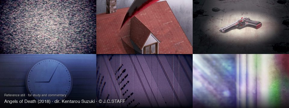 Angels of Death background art — On a television screen; Above a red-tiled roof; on a blood-splattered floor; Indoors, on a wall; A textured, abstract surface; Abstract, colorful light streaks