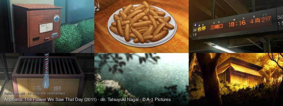 Anohana: The Flower We Saw That Day background art — Outside a building; On an orange patterned surface; A train station platform; Inside a traditional Japanese building; A sun-dappled forest floor; A sunlit forest with a shack