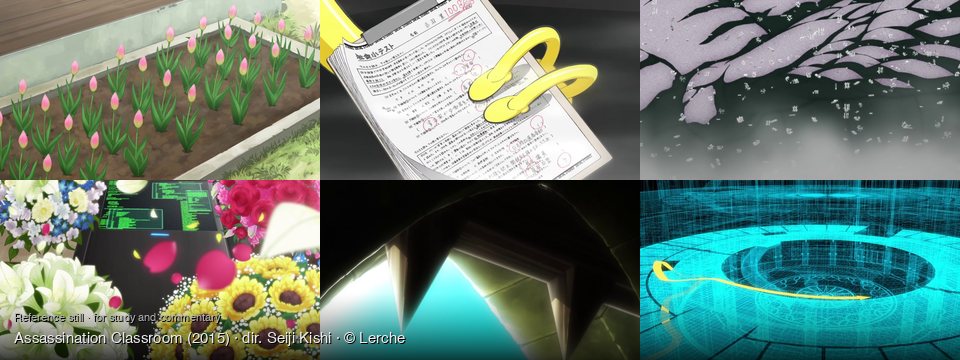 Assassination Classroom background art — An outdoor garden bed; indoors, on a desk; a dark, abstract space; Indoors, surrounded by flowers; Inside a dark, cavernous mouth; futuristic wireframe structure