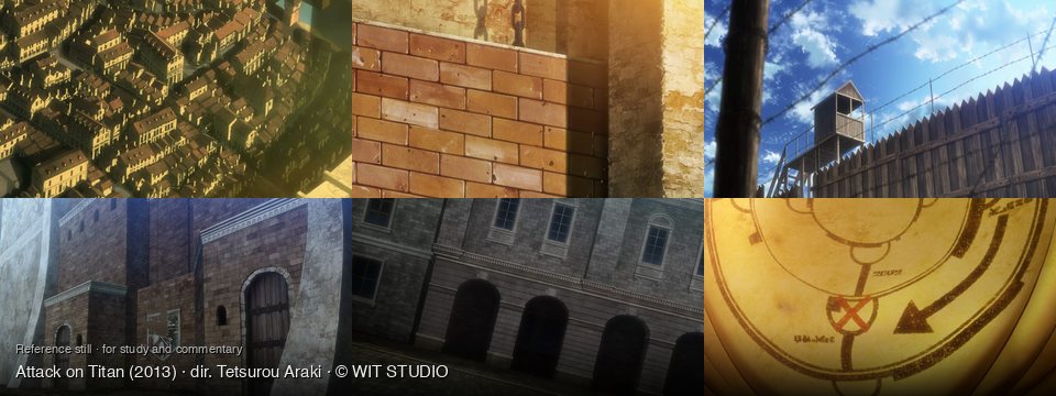 Attack on Titan background art — European town, daytime; An old, sunlit brick wall; A fenced enclosure under a blue; Outside a fortified wall; An old stone building; On an ancient, yellowed map