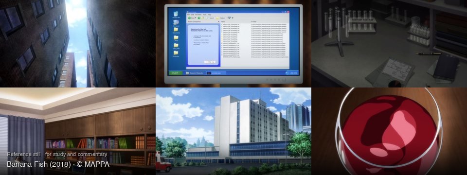 Banana Fish background art — Between tall brick buildings; On a computer screen; A dimly lit laboratory desk; A study room; Outside a hospital building; Indoors, on a dark surface