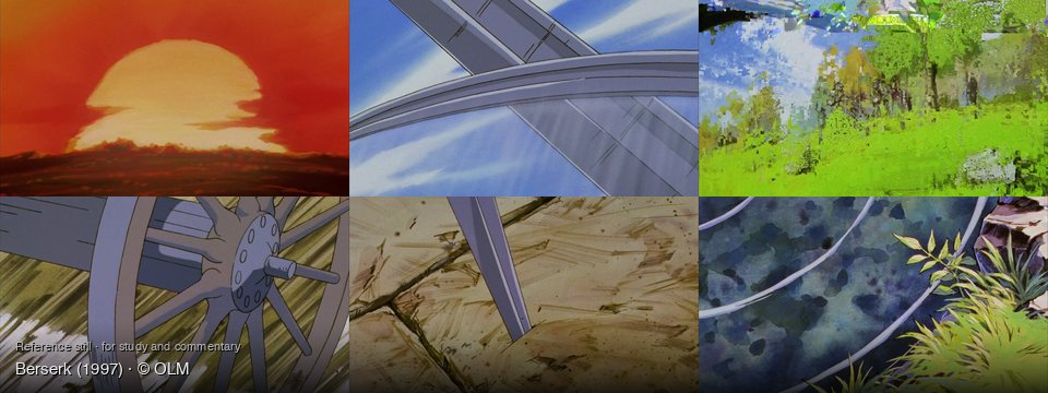 Berserk background art — over a dark landscape; Outdoors, under a blue sky; A vibrant green field; Outdoors, on a dirt road; Cracked, earthy ground; Overhead view of water