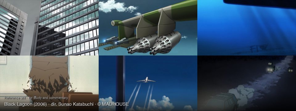Black Lagoon background art — Urban cityscape, daytime; In the sky; Deep underwater, ocean floor; Inside a room; Clear blue sky with clouds; A dark dirt road at night
