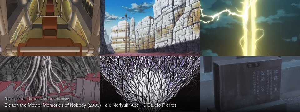 Bleach the Movie: Memories of Nobody background art — Inside a Ferris wheel; A narrow canyon; Stormy sky, tall structure; A desolate, rocky landscape; Dark, mystical forest; A solemn cemetery