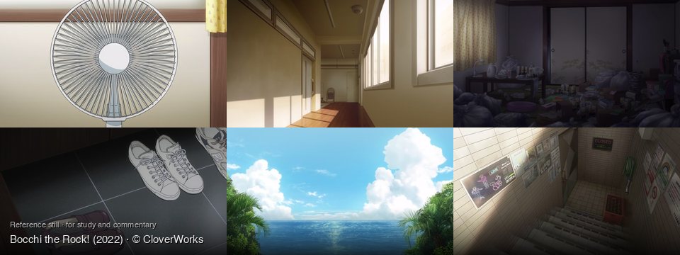 Bocchi the Rock! background art — Indoors, a room; A bright school hallway; A very messy room; on a dark tiled floor; Tropical ocean vista; A tiled stairwell