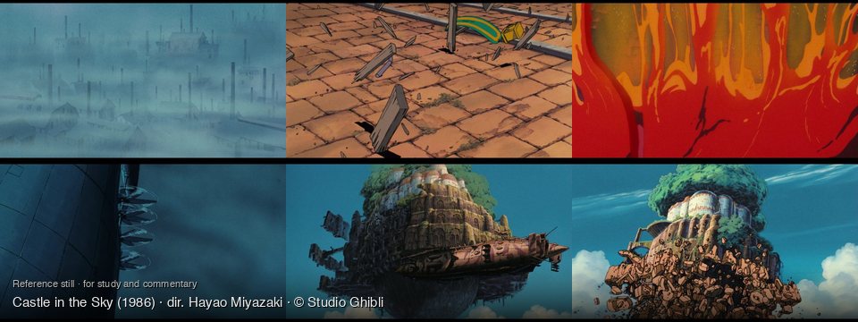 Castle in the Sky background art — Foggy industrial city; On a tiled floor; Abstract fiery landscape; Underwater, dark blue depths; A floating island city; A floating island in the sky