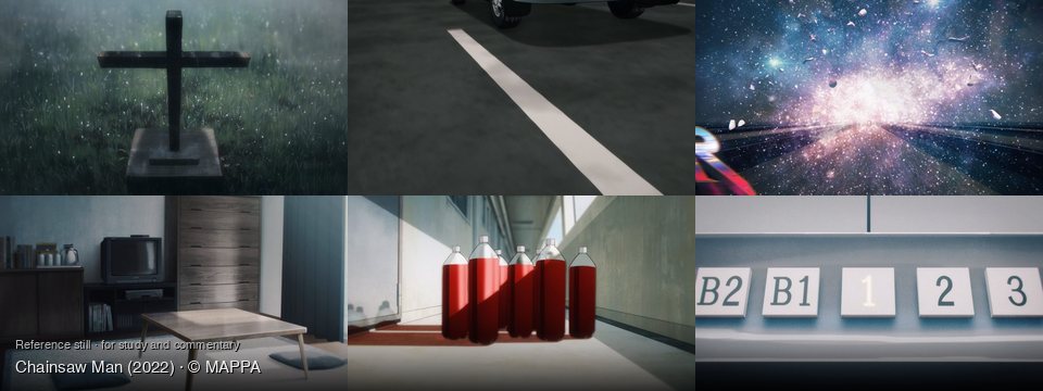 Chainsaw Man background art — rainy field with cross; On a dark asphalt road; Outer space, cosmic expanse; A minimalist living room; Indoors, possibly a hallway; Inside an elevator