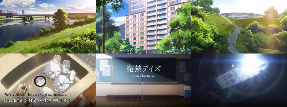 Charlotte background art — Riverside with urban backdrop; Urban park with tall building; A sunny hillside with stairs; a kitchen sink; a school classroom; Dark, starry night sky
