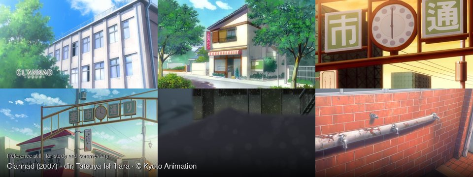 Clannad background art — Outside a school building; A quiet street in Japan; Urban street at dusk; A Japanese street; outside a building, snowing; Outdoor brick wall with spigots