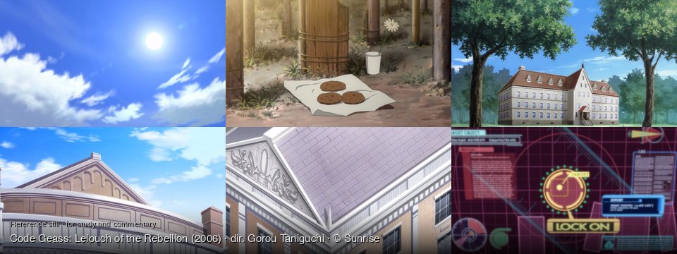 Code Geass: Lelouch of the Rebellion background art — Bright blue sky with clouds; Outdoors, on a dirt path; Outside a large building; Exterior of a building; Exterior of a building; a futuristic control interface