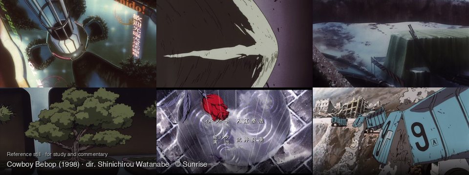Cowboy Bebop background art — futuristic urban landscape; against a dark background; A snowy, barren wasteland; Indoors, on a light surface; on a wet tiled surface; a desolate, ruined landscape