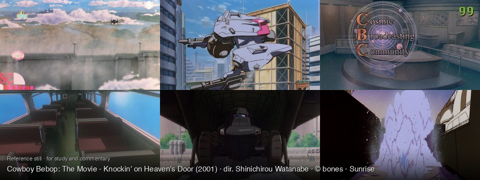 Cowboy Bebop: The Movie - Knockin' on Heaven's Door background art — A futuristic landscape with clouds; futuristic city, daytime; A futuristic news studio; Inside a train car; Inside a large transport vehicle; Between two large ships