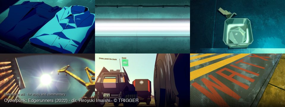 Cyberpunk: Edgerunners background art — on a dark surface; a futuristic, industrial room; A dark, textured room; A bright outdoor construction site; A desert road; on a metal floor