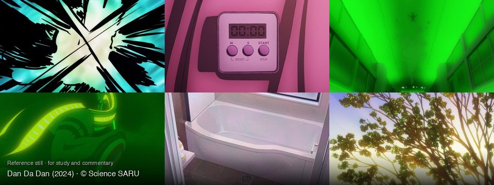 Dan Da Dan background art — Abstract, vibrant background; On a pink surface; a glowing green hallway; Underwater in a dark abyss; A modern bathroom; Outdoors, under a bright sky