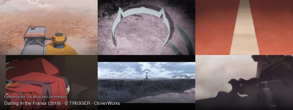 Darling in the Franxx background art — A desolate, dusty, alien landscape; On a dirt path; on a reddish-brown surface; Inside a dark locker; a desolate, rocky landscape; Outdoors, under a hazy sky