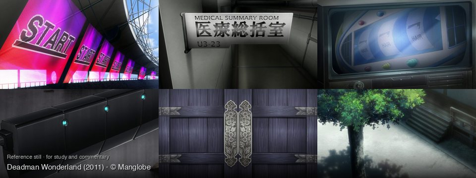 Deadman Wonderland background art — Inside a modern stadium; A medical facility hallway; Inside a futuristic device; Indoors, industrial or futuristic; A dark blue wooden door; Outside a traditional Japanese building