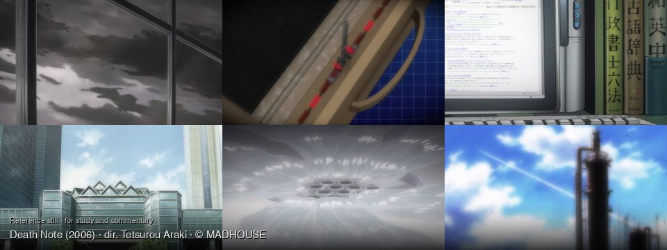 Death Note background art — Outside a window; Inside a mechanical device; On a desk indoors; A modern city street; Flooded room with a drain; A factory under a blue sky