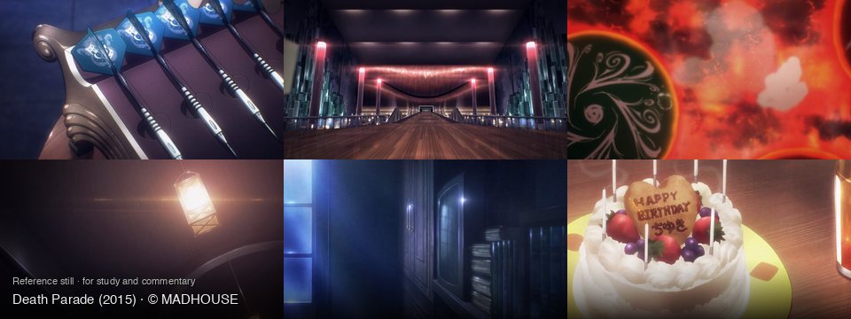 Death Parade background art — Indoors, on a dark surface; A futuristic bowling alley; A fiery, cloudy, otherworldly realm; Indoors, dark room; a dark room; on a wooden table