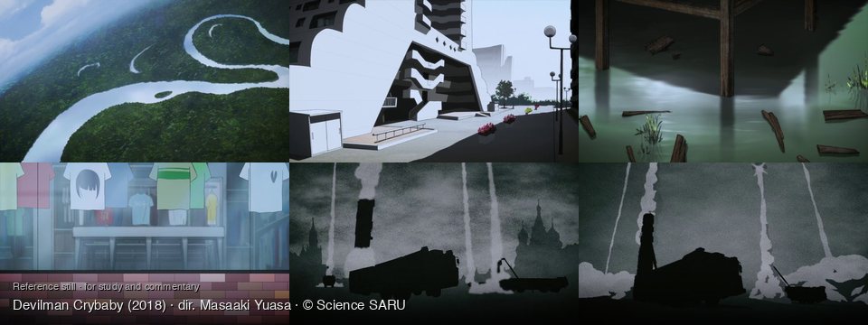 Devilman Crybaby background art — Lush green forest, winding river; Urban street with modern architecture; A dark, murky swamp; Inside a clothing store; A city at night; Industrial area at night