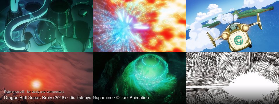 Dragon Ball Super: Broly background art — Inside a futuristic laboratory; A vibrant, abstract space; tropical island, blue ocean; Snowy mountains at sunset; dark, rocky cavern; Abstract, dynamic space
