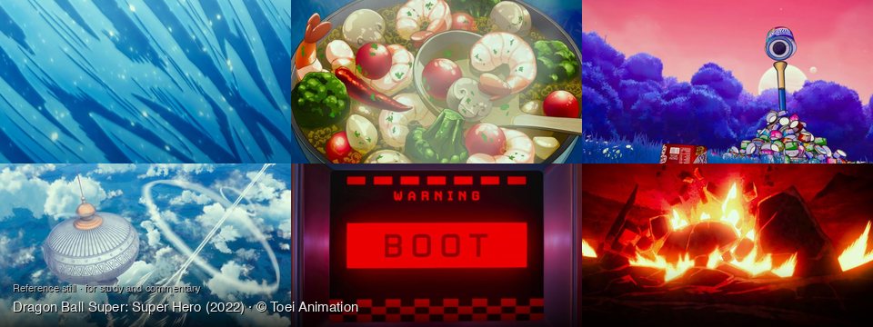 Dragon Ball Super: Super Hero background art — An abstract blue environment; Inside a cooking pot; An alien landscape at dusk; High in a cloudy sky; a retro-futuristic computer screen; A volcanic, fiery landscape