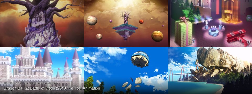 Dragon Ball Z: Battle of Gods background art — a fantastical city-tree at sunset; A celestial realm with planets; An indoor exhibition hall; A majestic castle under blue sky; Blue sky over a forest; A beach with rock formations
