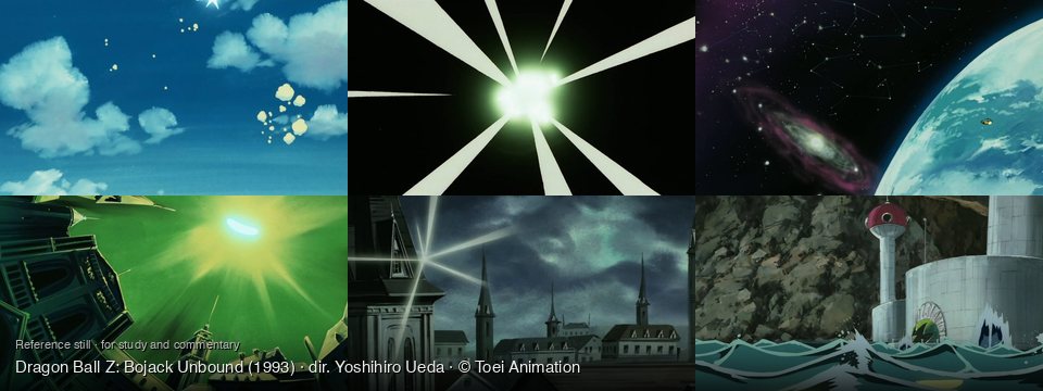 Dragon Ball Z: Bojack Unbound background art — Blue sky with clouds; A dark, abstract space; outer space near a planet; A city under a green sky; A city at night; Coastal base with crashing waves