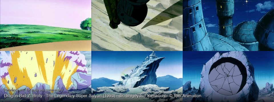 Dragon Ball Z: Broly - The Legendary Super Saiyan background art — A wide open field; Falling over a cracked surface; futuristic city at night; Rocky, barren landscape; Snowy mountain with a castle; A desolate, rocky landscape
