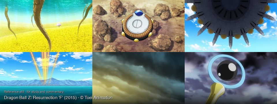 Dragon Ball Z: Resurrection 'F' background art — A vibrant field under a blue; A barren, rocky landscape; Above a bright blue sky; Coastal town with mountains; Overcast sky at sunset; against a cloudy sky