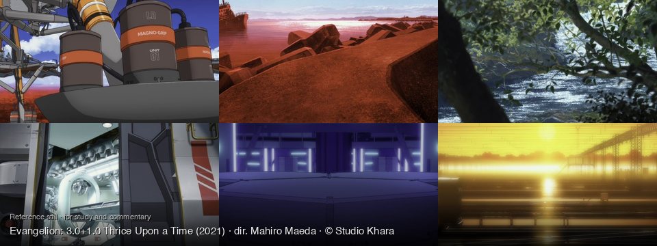 Evangelion: 3.0+1.0 Thrice Upon a Time background art — An industrial platform in the sky; Coastal area at sunset; A sunlit forest river; Inside a medical bay; A futuristic, neon-lit room; Industrial landscape at sunset