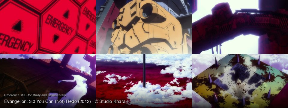 Evangelion: 3.0 You Can (Not) Redo background art — Digital interface; Next to a battleship; Industrial area, bright sky; A destroyed building against sky; A surreal, red-hued sky; A surreal, cloudy sky