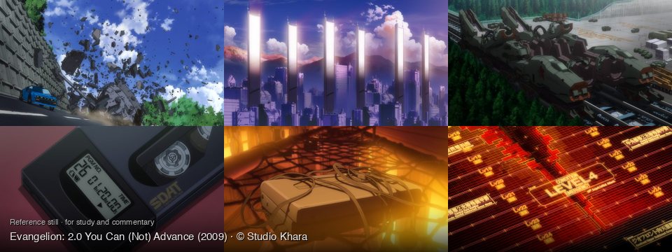Evangelion: 2.0 You Can (Not) Advance background art — On a road next to a; A futuristic city at sunset; military base and forest; on a red surface; a dimly lit, warm-toned room; A futuristic control panel