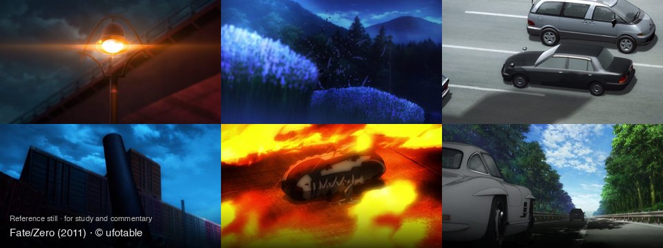 Fate/Zero background art — Under a bridge at night; A field at dusk; On a multi-lane road; Industrial area at night; Amidst a fiery inferno; A scenic road with trees