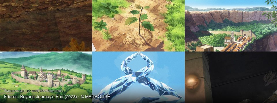 Frieren: Beyond Journey’s End background art — Forest floor, autumn leaves; A sunny outdoor field; A walled city in a valley; A medieval town in a valley; Against a clear blue sky; A dark, stone cavern