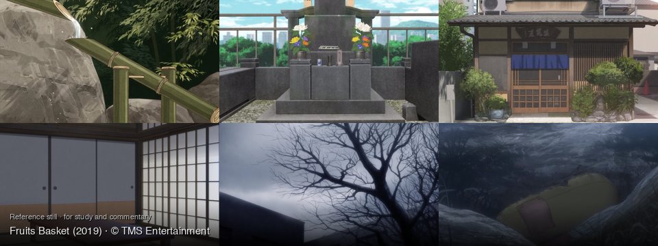 Fruits Basket background art — A serene natural environment; A cemetery overlooking a city; A traditional Japanese building; Traditional Japanese room; Outdoors on a rainy day; Dark water with foliage