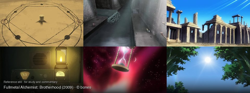 Fullmetal Alchemist: Brotherhood background art — Sandy ground with a diagram; A dark, urban alleyway; ancient ruins, clear sky; A dimly lit room; Cosmic sky with stars; Outdoors, under a bright sun
